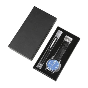 Father's Day Promotional Gifts 2025 Custom Logo Black Silk Screen Printed 3-Piece Men's Quartz Watch Pen Luxury Gift Box Set