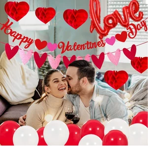 Happy Valentine's Day Banner Heart Garland Hanging Paper Honeycomb Love Foil Balloons Photo Props for Valentine's Day Room Decor