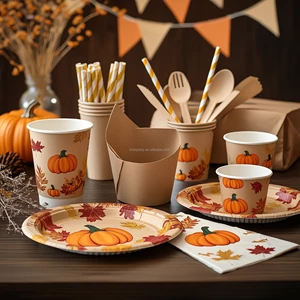 Thanksgiving Day Disposable Tableware Set Paper Plates and Cups for Thanksgiving Day Event Decorations