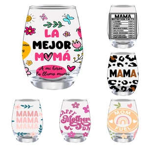 2026 New Arrivals Customizable Logo Mother's Day Pattern Sublimation Glass Stemless 12oz Wine Tumbler for Mom's Gift