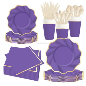 Floral-edge Custom-shaped Paper Plates Plain Color with Gold Stamping Disposable Tableware Birthday Wedding Party Decoration Set