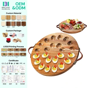 BH Eggs Dish Serving Tray 24 Holes Round Deviled Egg Tray Container Bamboo Wood Deviled Egg Platter With Handles For Easter