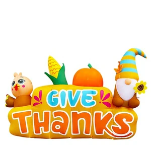 8Ft Thanksgiving Inflatable Banner with Turkey and Gnome Decorations Build-in LEDs Blow up for Yard Lawn Garden Home Party