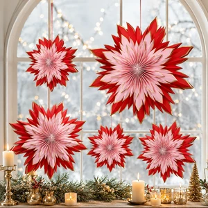 Luxury Foldable Paper Star Ornament Pink Red Hanging Snowflake Decoration for Christmas Window Party Wedding Decor