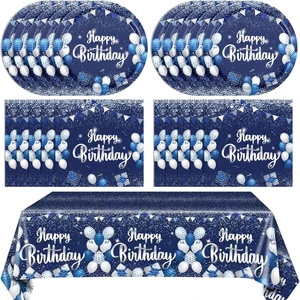Navy Blue Sliver Happy Birthday Party Tableware Set with Paper & Plastic Plates Napkins Dinnerware-41-Piece for Men/Women/Kids