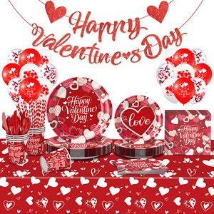 Valentine's Day Modern Disposable Biodegradable Party Tableware Set Plates Cups Banner Tablecloth for Romantic Celebration