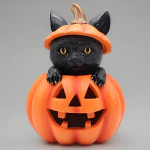 Stock Products Halloween cat Jewelry Toy Deco Scary Vintage Black Halloween cat in Pumpkin Halloween Decoration