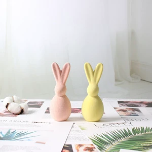 Manufacturer Easter Flocking pink Bunny Ceramic Crafts Gift Household Decor Ornaments for Festival Decor