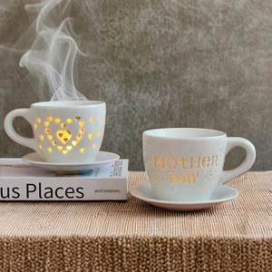 Valentines Day Gift Ceramic Tealight Wax Warmer Cup Shape Hollow Out Love Heart Design Essential Oil Burner For Home Decor