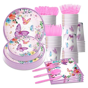 Pink Purple Butterfly Theme Children's Birthday Party Tableware Paper Plates Towels Cups Tablecloth Decoration Supplies