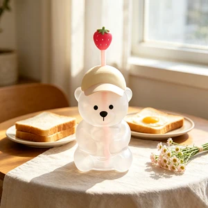 Cute Pink Strawberry Teddy Bear Glass Cup With Straw And Lid Reusable Drinking Tumbler For Gifts And Daily Use
