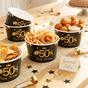 10Pcs Black Gold 50th Birthday Paper Bowls Disposable Tableware for Adult Birthday Party Supplies Decorations