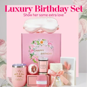 2026 Luxury Pink Birthday Spa Gift Set for Her Premium Self Care Kit with Insulated Tumbler Silk Eye Mask Scented Candle