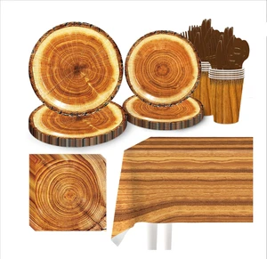 JIALIN Tree Grain Printing Theme Birthday Party Supplies Adults Disposable Paper Plates with Party Decorations Supplies