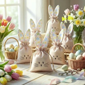 Cross-border Easter Cartoon 3D Tail Decorated Egg Rabbit Burlap Drawstring Gift Bag Party Kids Candy Storage Cloth Pouch