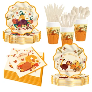 DAMAI Thanksgiving Pumpkin Turkey Theme Party Tableware Set Paper Plate Cups Napkins Thanksgiving Table Decor Party Decorations