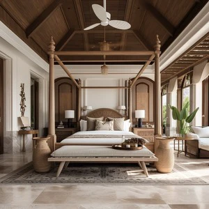 Tropical Solid Teak King Size Four Poster Bed With Cotton Bedding Set For Hotel Bedroom Furniture