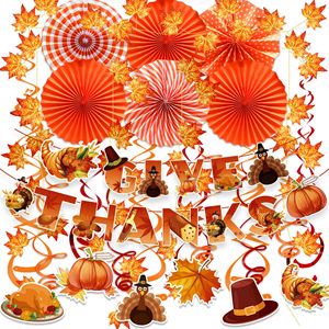 Thanksgiving Party Decor Set Maple Leaf Garland Banner Bunting Paper Fans Hanging Swirls for Thanksgiving Decoration