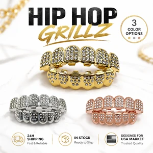 Dientes De Oro Hip Hop Iced Out 6 Teeth Grillz Brass CZ Dental Grills with Silicone Bar for Halloween Party Gift