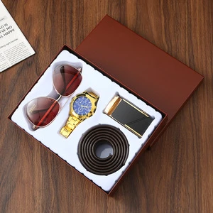 HBC Custom Business Gift Set for Men Exquisite Sunglasses Stainless Steel Watch Leather Belt Belt Buckle for Father's Day