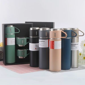 Custom Logo Double Wall Vacuum Flask Set Multi Color Stainless Steel Thermos Water Bottle Business Gift Set With Mug