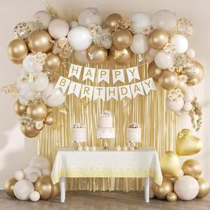 White Golden Birthday Party Decorations with Birthday Banner Fringe Curtain for Happy Birthday Decorations for Women Adults