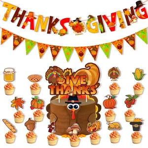 Ychon Thanksgiving Day Give Thanks Banner With Cupcake Toppers Fall Season Thanksgiving Party Supplies Decoration