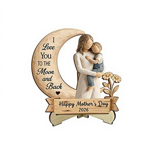 Mothers Day Pine Wood Heart-Shaped Desk Ornament 2D Holiday Gift for Mother-Son Bond