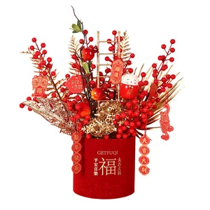 Festive Lunar New Year Prosperity Tub Centerpiece with Gold Foil Accents for Living Room Shelf or Desk Decor