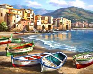 Colorful Boats in Venice Landscape Series Cross Stitch Decorative Painting Kit with Fabric Background Hand Embroidery