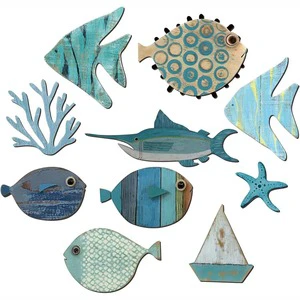 Fish Wall Decor Wood Beach Theme Bathroom Decor Wooden Nautical Coastal Pictures Home Hanging Wall Art Gifts, Not 3D Pattern