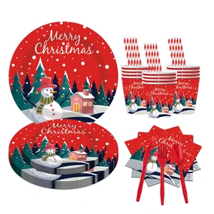 Christmas Disposable Snowman Tableware Set for Holiday Party Decorations Including Paper Plate Cups Thanksgiving Mother's Day