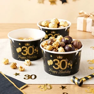10Pcs Black Gold 30th Birthday Paper Bowls Disposable Tableware for Adult Birthday Party Supplies Decorations