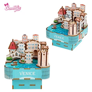 Mechanical Venetian 3D DIY Wooden Puzzle Music Box Rotating Boat, STEM Building Toy & Desk Decor for Adults Teens