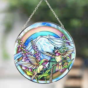Art Deco Stained Glass Hummingbird Suncatcher Snow Mountain Lily Valley New Year Home Decor for Holiday Christmas Gifts