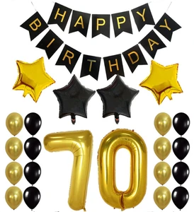 Black Gold 60th 70th 80th Birthday Banner and Giant Number Balloons Garland Adult Birthday Anniversary Backdrop Party Decor Set