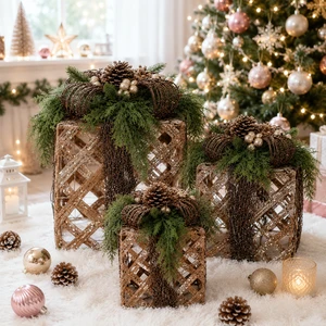 Christmas Hot Sale Items Decor High Quality New Vine Rattan Box with Light Set Decor for Xmas Home Supplier