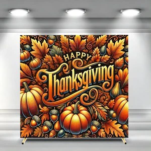 Happy Thanksgiving Square Arch Backdrop Cover Polyester Pumpkin Acorn Maple Leaf Arch Background Birthday Party Customizable