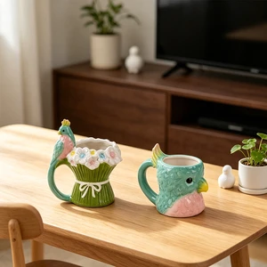 Redeco Cute Parrot Bouquet Head 3D Ceramic Mug Tropical Coffee Tea Cup Gift Wholesale Custom Logo Fun