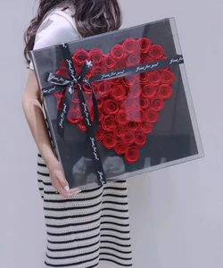 New Product Natural Valentine Day Gifts Preserved Roses Acrylic Box Eternal Long Lasting Flower Box with Heart Shape Box