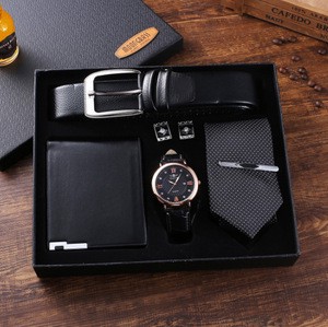 Promotional PU Leather Gift Set Belt Wallet Tie + Large Dial Quartz Watch Custom Logo Business Services Digital Printing Gifts