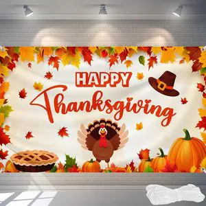 Happy Thanksgiving Backdrop 72x44 Inch with Ribbon Fall Pumpkin, Turkey & Maple Leaves with 4 Grommets for Autumn Party