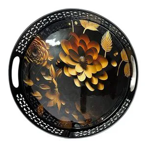 Round Metal Decorative Tray With Gold Floral Pattern Art Deco Design Black Base Handle For Home Decor Wholesale decorative tray
