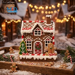 Resin Gingerbread House Figurine, Candy Decorated Christmas House With Gingerbread Man, Holiday Decor, B2B Wholesale Supply