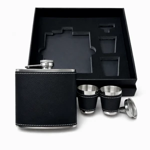 USA Warehouse 6oz Stainless Steel Black W/silver Laserable Leather Hip Flask Gift Set Gifts For Men, Dad, Groomsmen's Gift