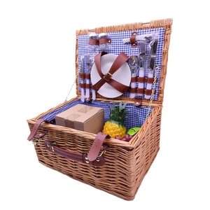 Food Picnic Hamper Storage Baskets 4 Person Insulated Wicker Picnic Basket Empty Willow Picnic Gift Set For Camping