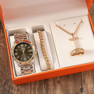 Promotional 4-Piece Set Men's Summer New Trending Stainless Steel Silver Plated Watch Bracelet Necklace Ring Gift Set