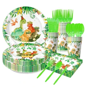 Cartoon Green Dinosaur Party Supplies Modern Children's Birthday Party Decoration Set Paper Plate Paper Cup Paper Towel Easter