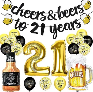 Black and Gold Birthday Party Decoration Items for 18, 30 and 40-year-olds, Birthday Beer Cups and Whisky Balloons