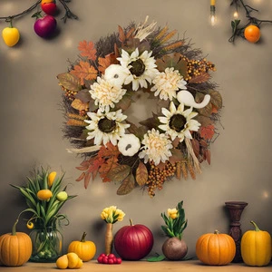 New Product Autumn Thanksgiving White Pumpkin Wreath Harvest Festival Sunflower Maple Leaf Flower Wreath Door Decoration